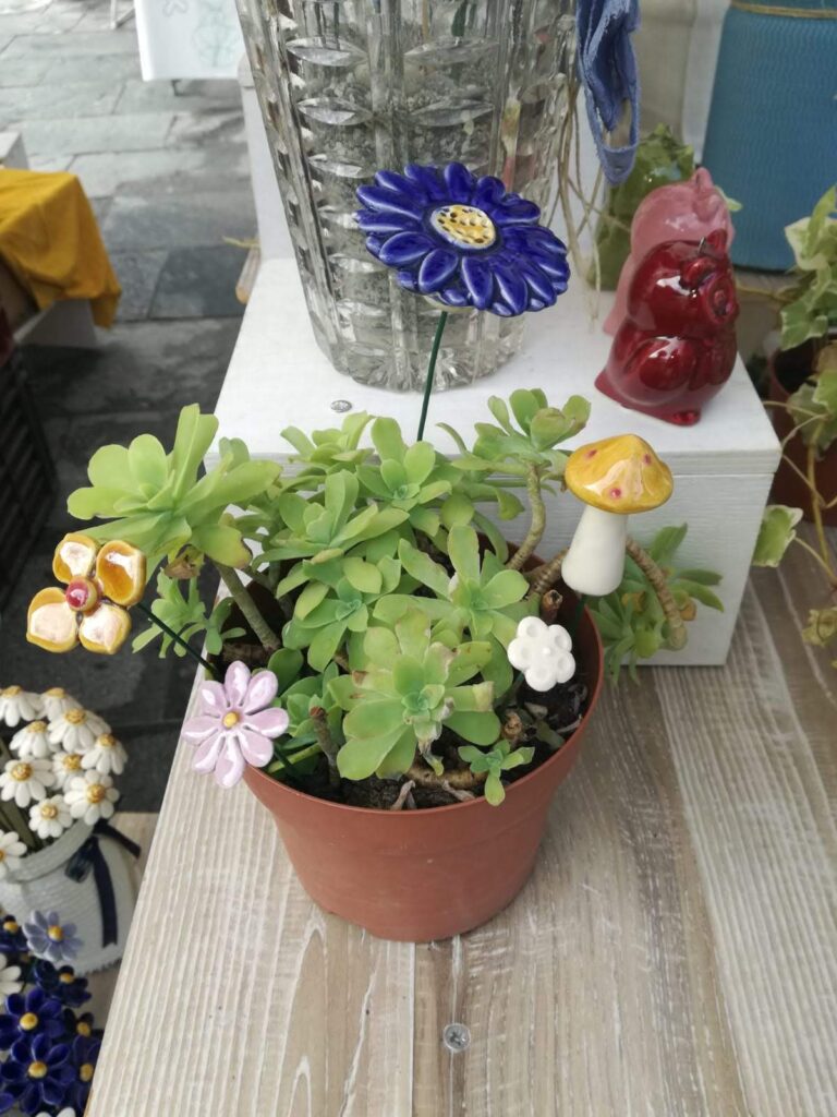 decoraciones en floreros y macetas con hongos y flores